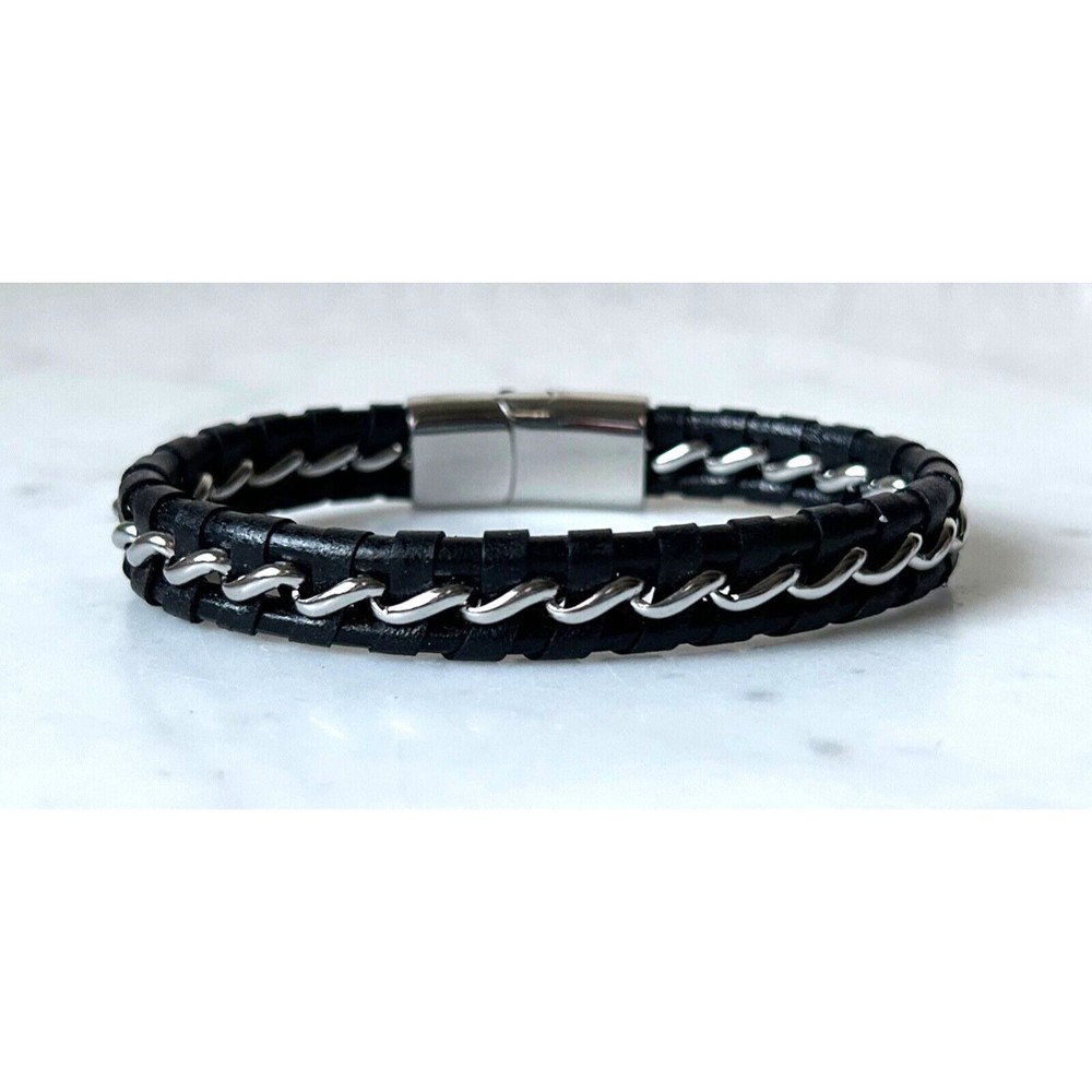 Black Leather Braided Chain Bracelet Magnetic Stainless Steel Clasp Mens Womens